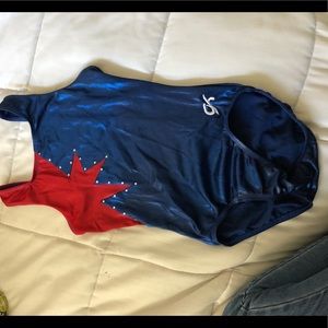 Blue and red gk elite tank gymnastics leotard